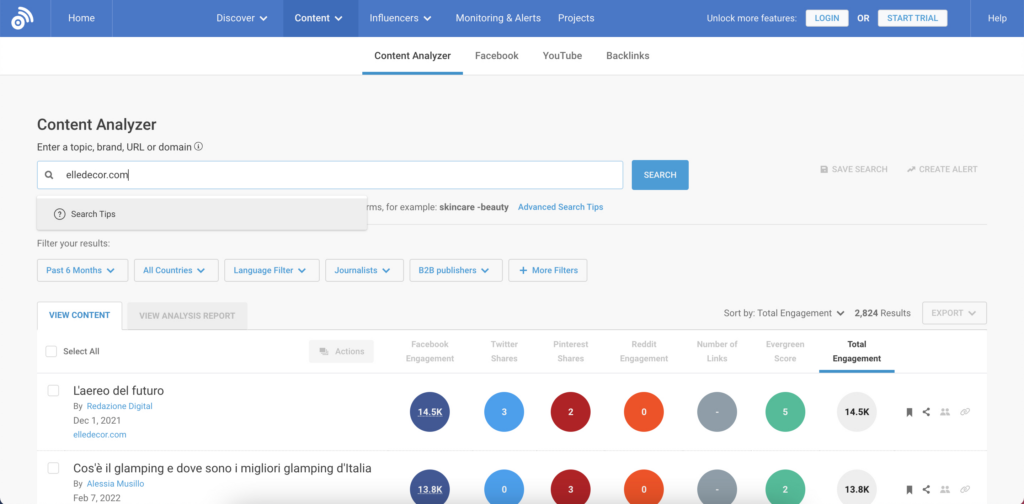Screenshot of BuzzSumo Content Analyzer tool