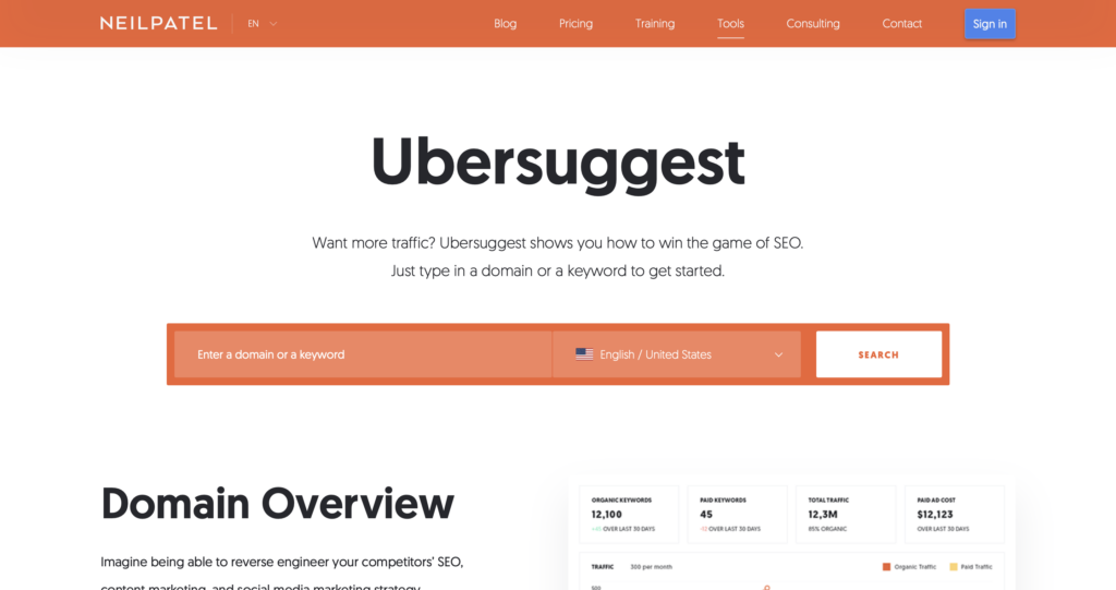 Screenshot from Ubersuggest website