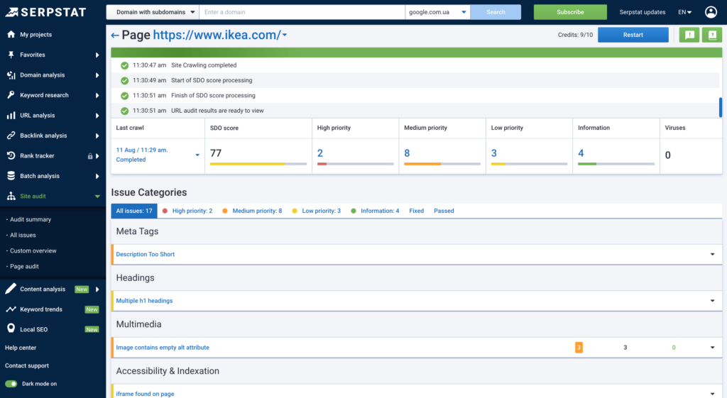 Screenshot of Serpstat Page audit