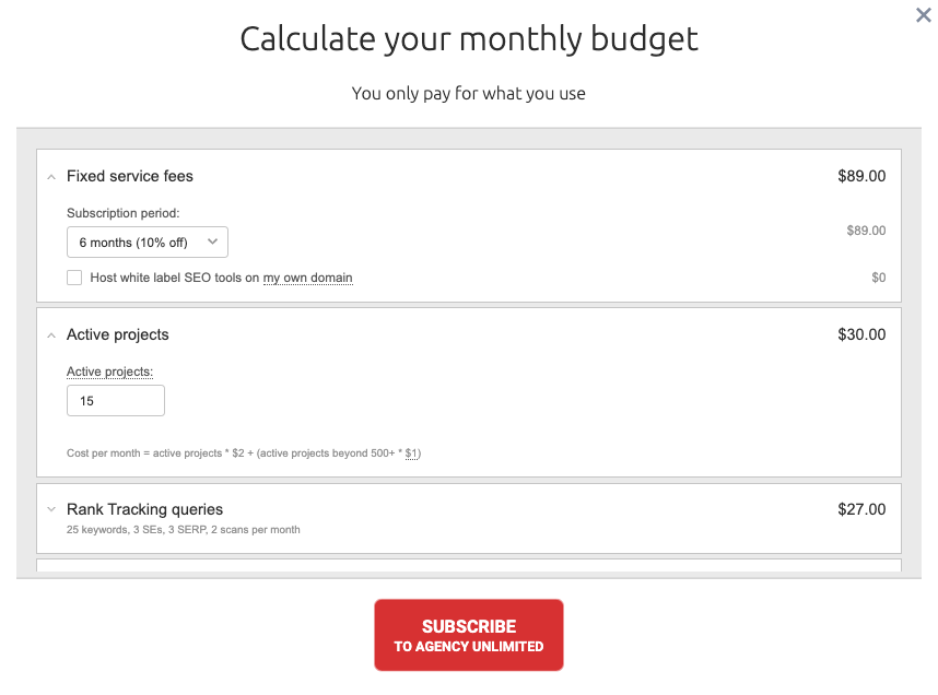 WebCEO monthly budget calculator 