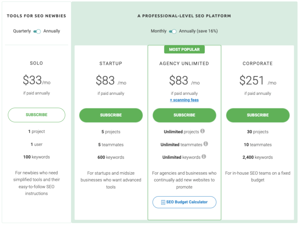 WebCEO pricing plans 