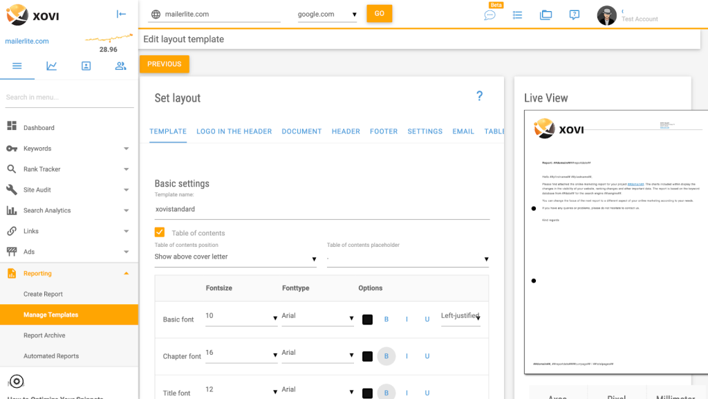 Editing report template in Xovi